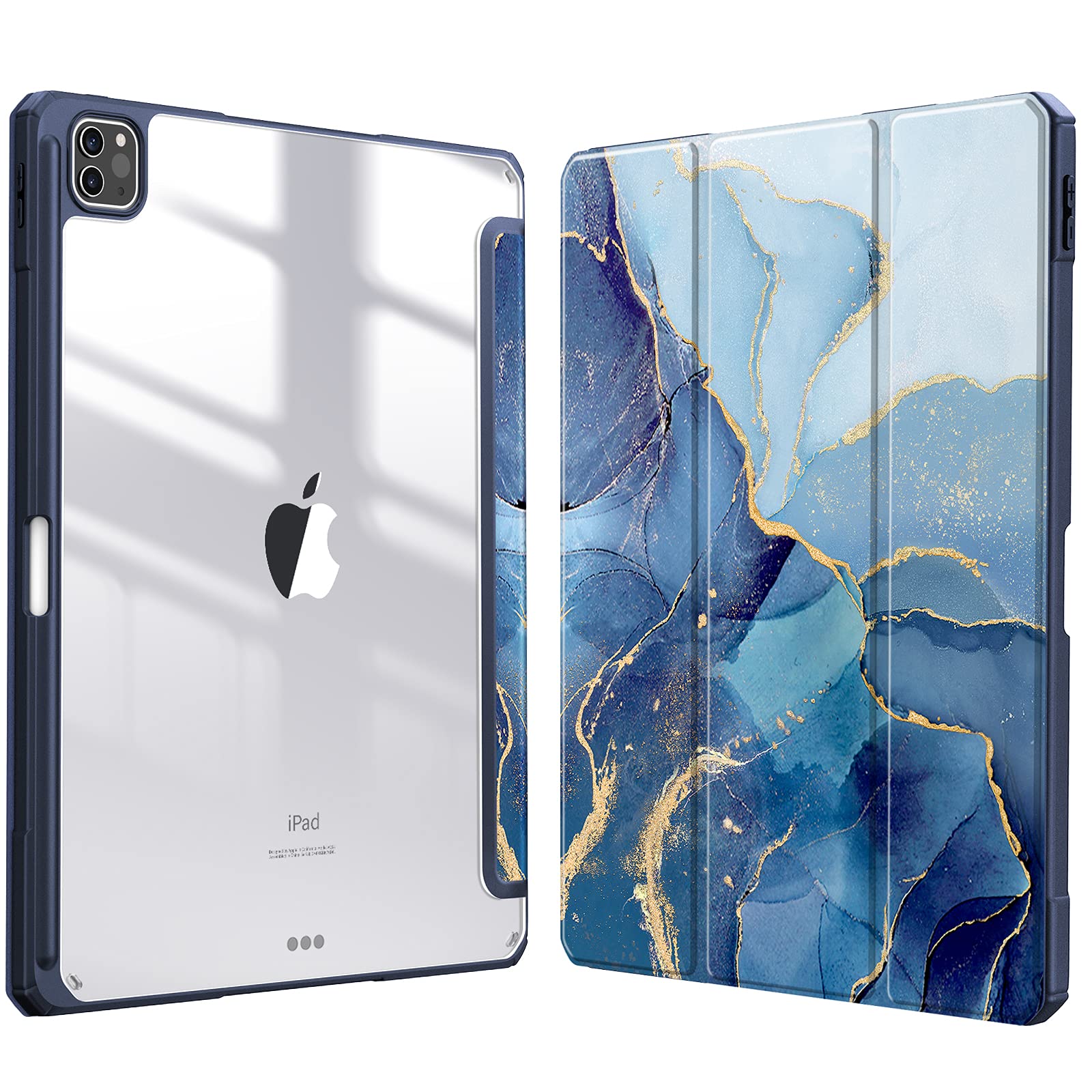 Fintie iPad Pro 12.9用ケース 2022/2021/2020/2018 12.9インチ 透明バックカバー(柄Xマーブルブルー)