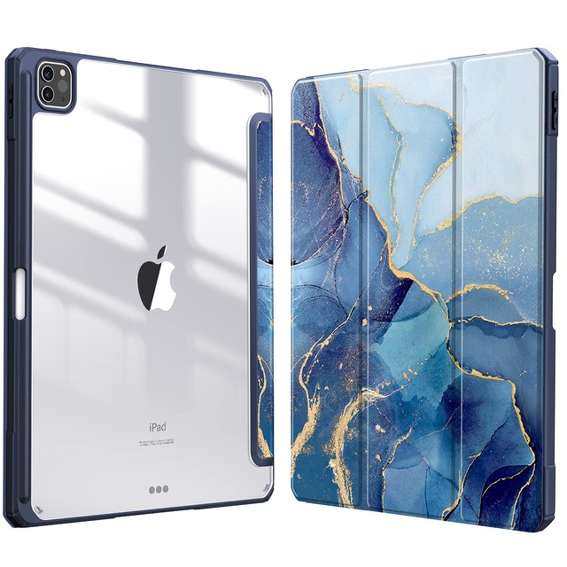 Fintie iPad Pro 12.9用ケース 2022/2021/2020/2018 12.9インチ 透明バックカバー(柄Xマーブルブルー)