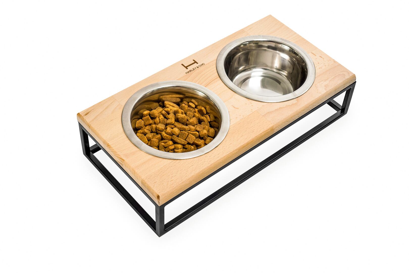 【フードボウルスタンド-ボウル2個付き】 Lunch Bar Natural wood + フレームブラック - Mサイズ