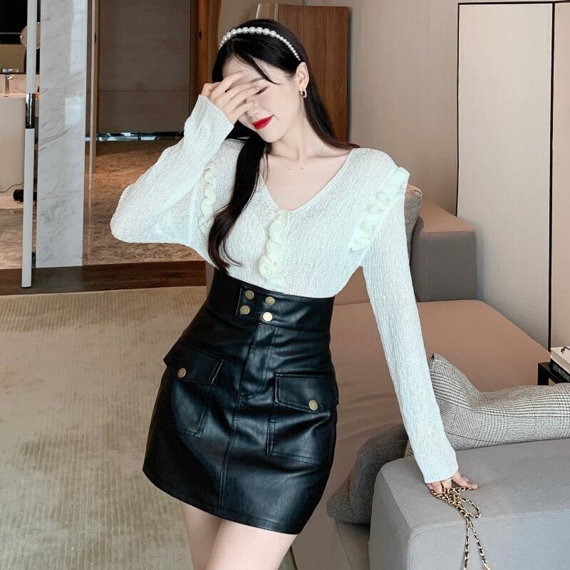 オータムショートスタンダードニットトップス ハイウェストスカート ロング レトロ 秋物 ハンチェンe31613670574