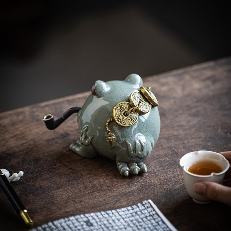 蛙 カエル 置物 オブジェ 陶器 ブルー 高級感 財運 金運 開運 運気