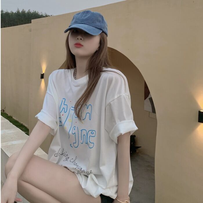 ルーズカジュアル薄手Tシャツ プリントトップス サマー 夏物 ドラファッションホール23142853751