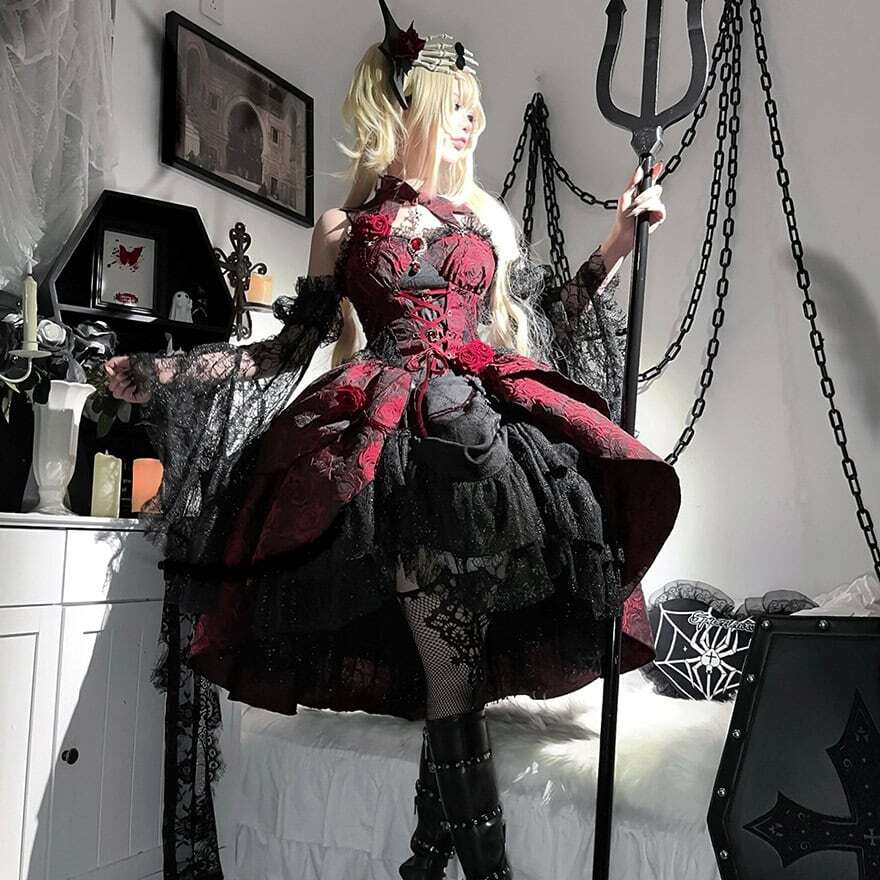 ロリータファッション 深紅の薔薇レースゴスロリロングワンピース