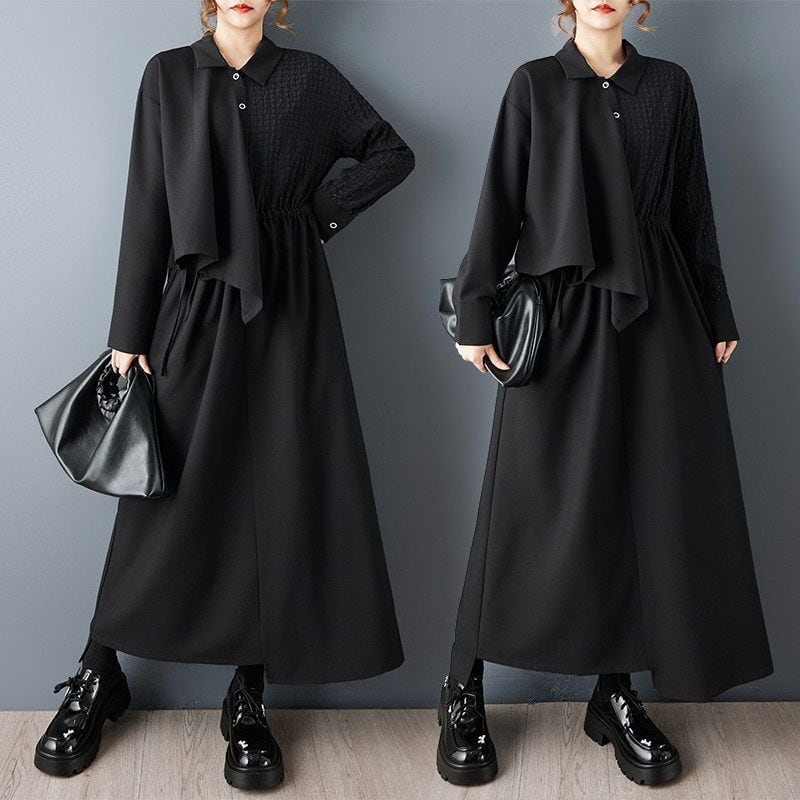 ASYMMETRIC LOOSE FIT WAISTED SHIRT MIDI DRESS M-18863