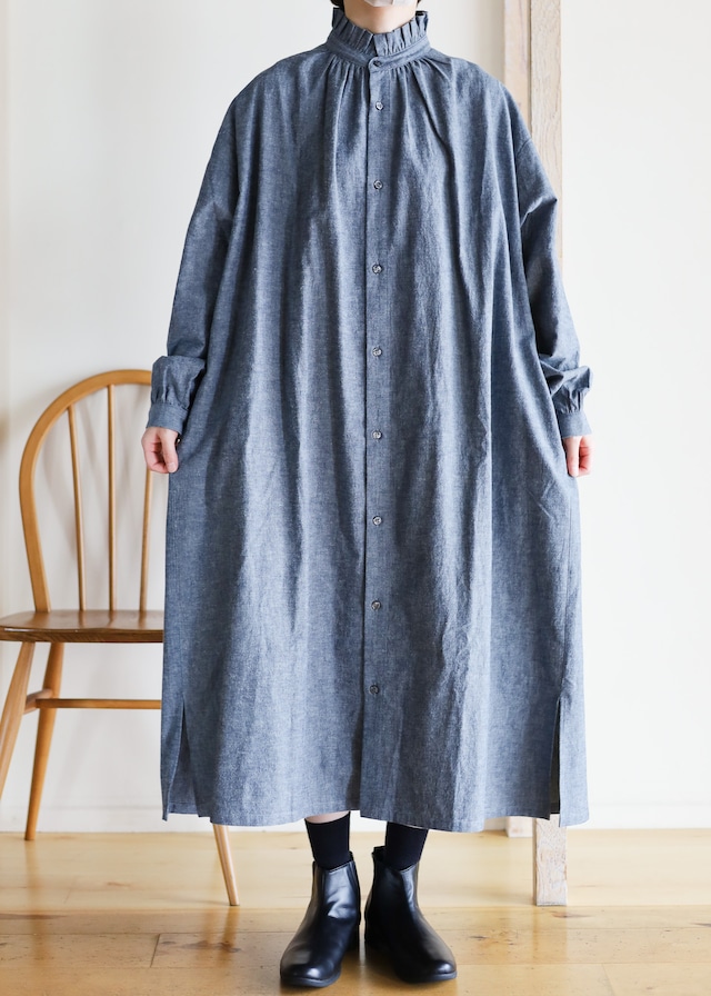 Honnete - Cotton Linen Denim フリルワイドワンピース - Blue