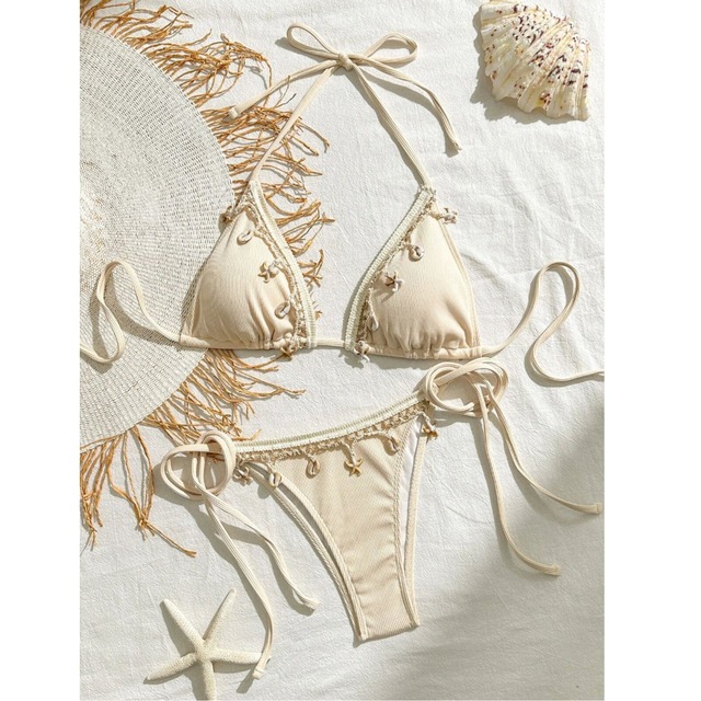 seashell fringe ribbed string bikini set<w3052>