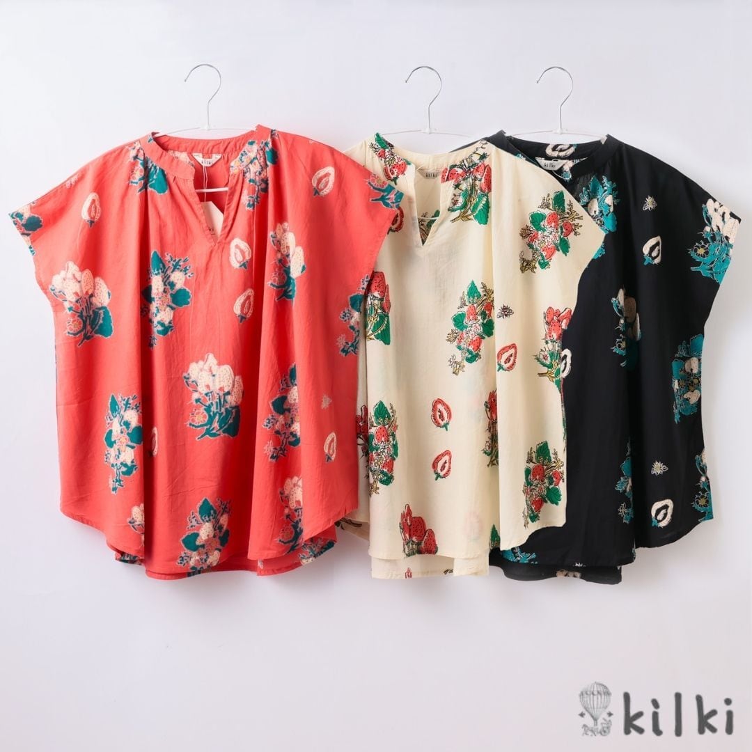KILKI キルキー 綿100 ブラウス レディース おしゃれ 半袖 夏 ストロベリービー 体型カバー 綿 コットン 100% 通気性 柄物 苺 イチゴ レトロ かわいい ギフト プレゼント 黒 白 レッド 6M-B01 Kl008