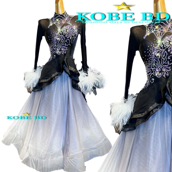 【オーダー 社交ダンスドレス】I DANCE MW 商品番号 2343 - B(フロントホール無)(グラデホワイト/黒白)