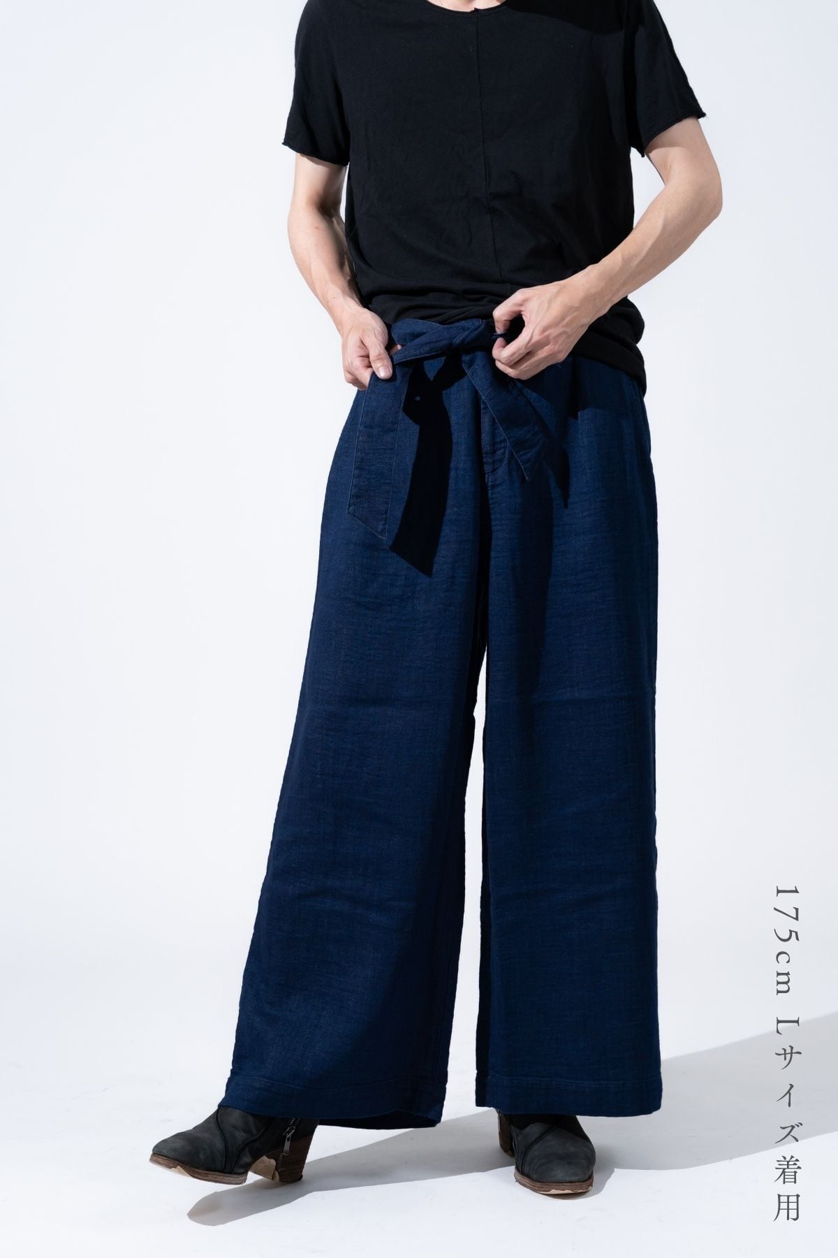 値引きしました！　うさとの服　インディゴ　藍染　絣織り　パンツ　キャロット 数量限定】空気を纏うパンツ。エアリーデニムワイドパンツ-爽藍-【国産