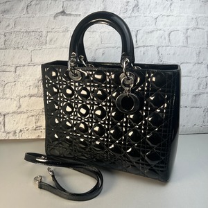 Christian Dior２WAY カナージュ エナメル ショルダーバッグ ブラック A-10018