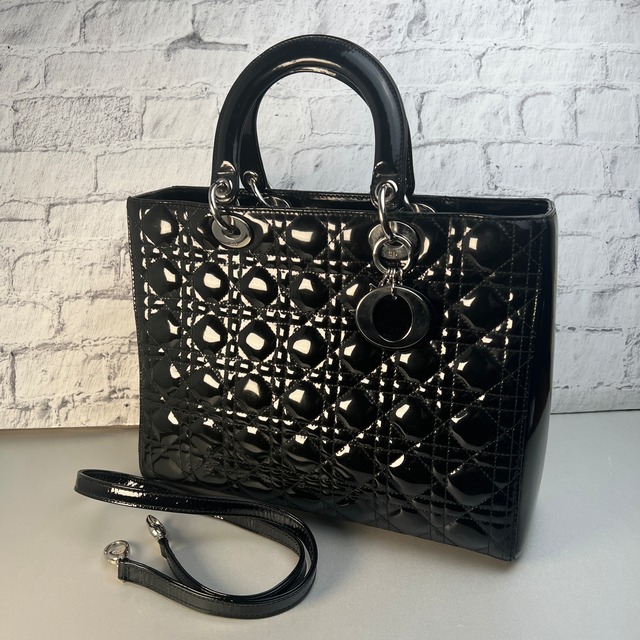 Christian Dior２WAY カナージュ エナメル ショルダーバッグ ブラック A-10018