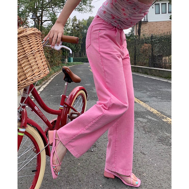 パンツ スプリングオータムカジュアルハイウェストルーズ薄手ジーンズ ピンク 春物 秋物 ビッグFスモールZ韓国94427871706