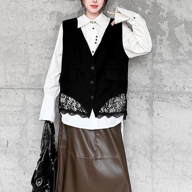 ASYMMETRIC LACE PANEL SLEEVELESS RELAXED VEST M-18111