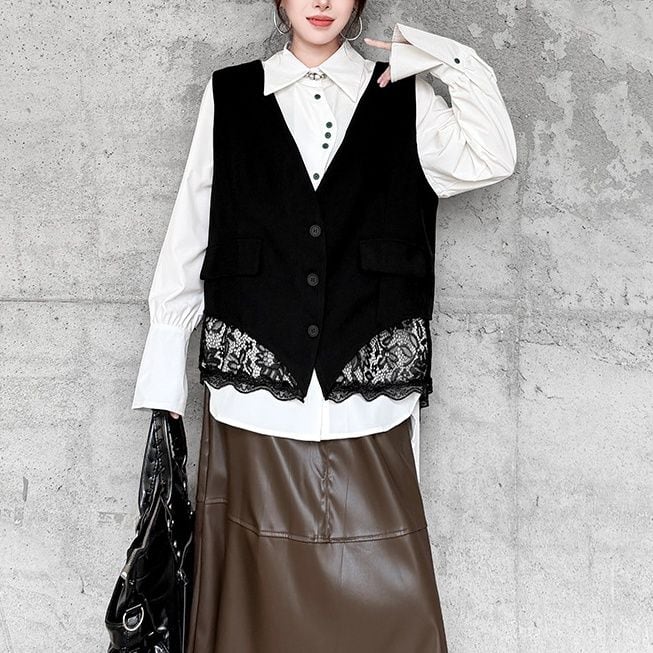 ASYMMETRIC LACE PANEL SLEEVELESS RELAXED VEST M-18111