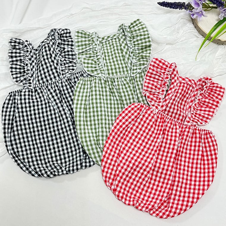 gingham frill dress S ~ XL 3color / 犬服 ワンピース 夏 韓国犬服 ギンガム チェックフリル ノースリーブ ドレス 涼しい ドッグウェア