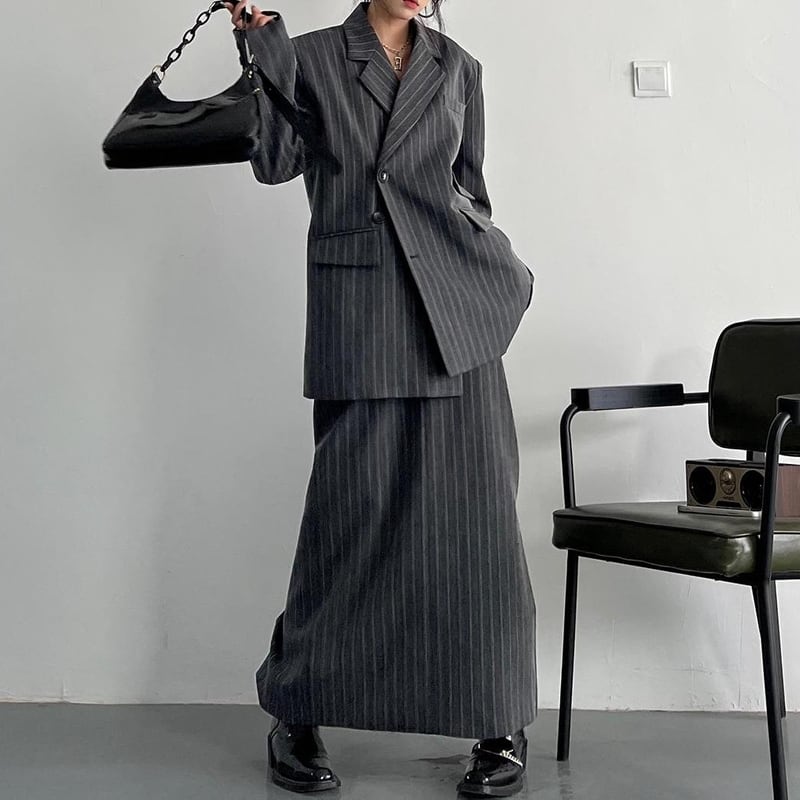 Striped asymmetry jacket skirt 2 colors V2635