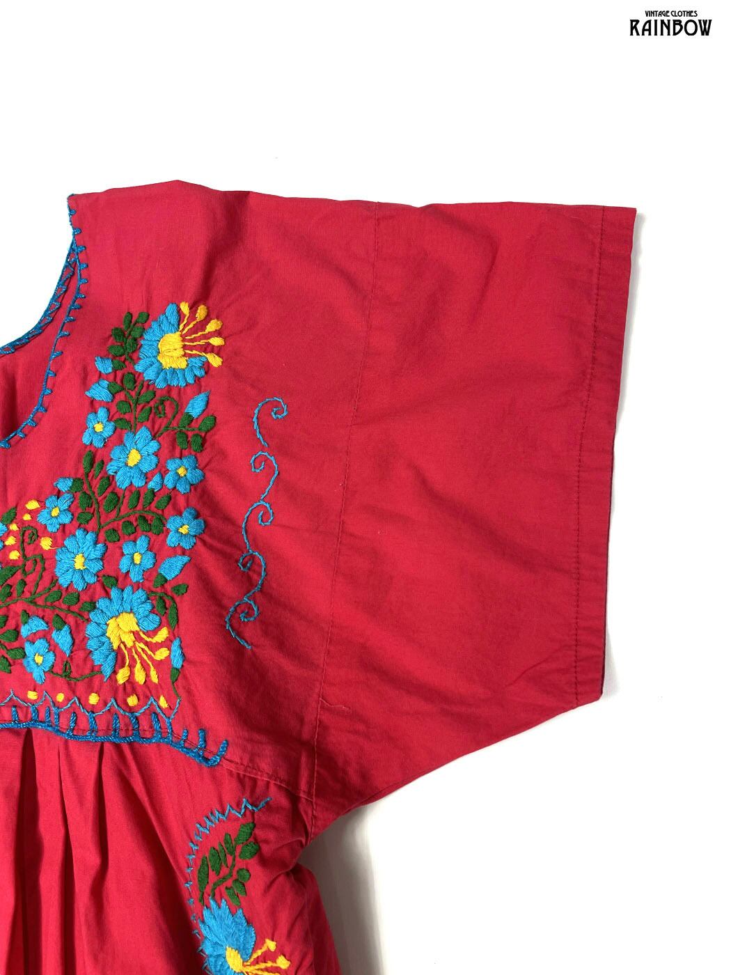 古着 メキシカン刺繍 スリット 花柄 コットン 膝丈 半袖 ワンピース 赤