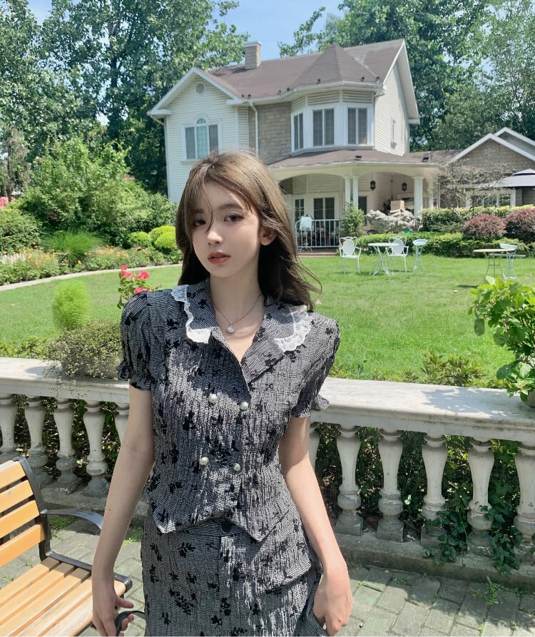 シャツ レースカラーショートサマー薄手グレートップス 夏物 ブラックストロベリース18338323260