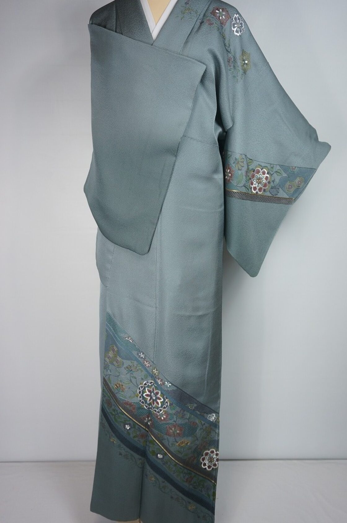 汕頭刺繍 蘇州刺繍 訪問着 スワトウ 華紋 正絹 深川鼠 青緑 グレー 605 