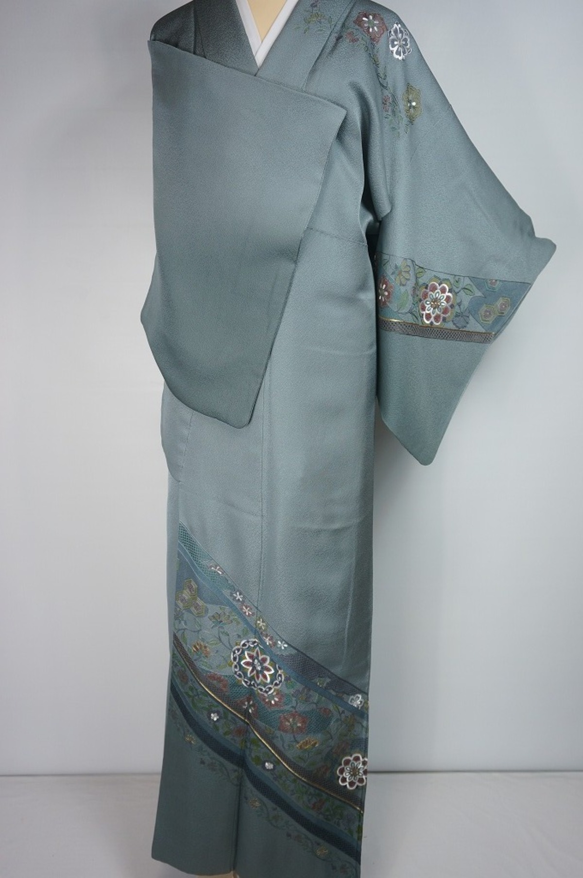 汕頭刺繍 蘇州刺繍 訪問着 スワトウ 華紋 正絹 深川鼠 青緑 グレー 605 