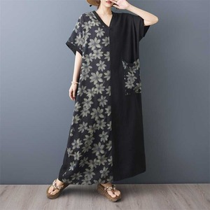 FLORAL CONTRAST V-NECK SHORT SLEEVE LONG DRESS M-17225