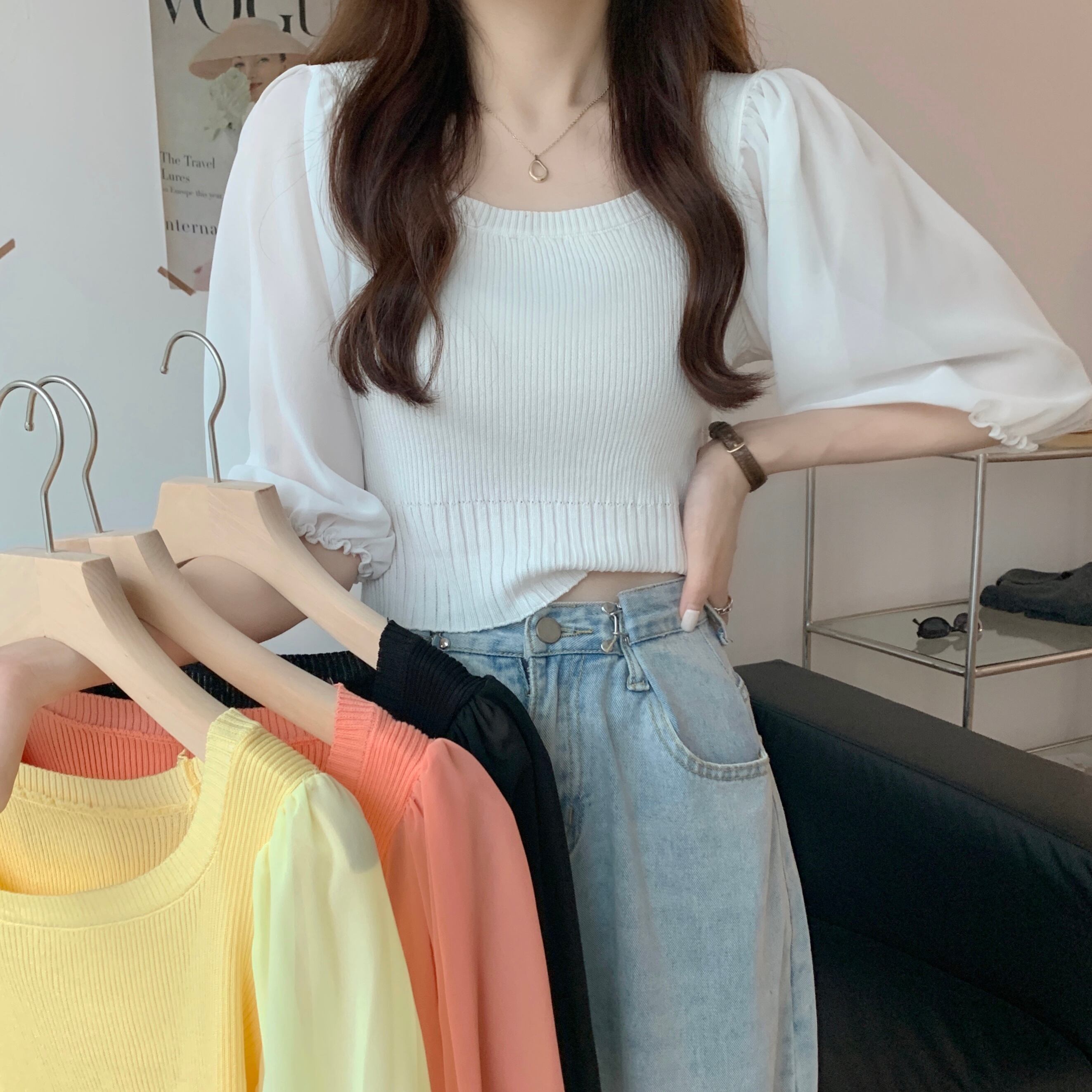 セーター レディースサマー薄手シフォンスリーブシャツ ショートトップス 夏物 シルク ステッチ YY-ファッション87146588755