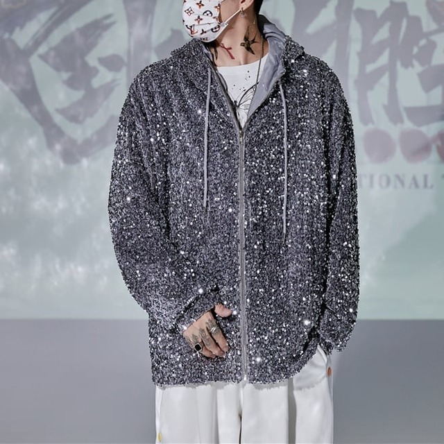 【Men】SEQUIN HOODED FULL ZIP JACKET 2colors S-242