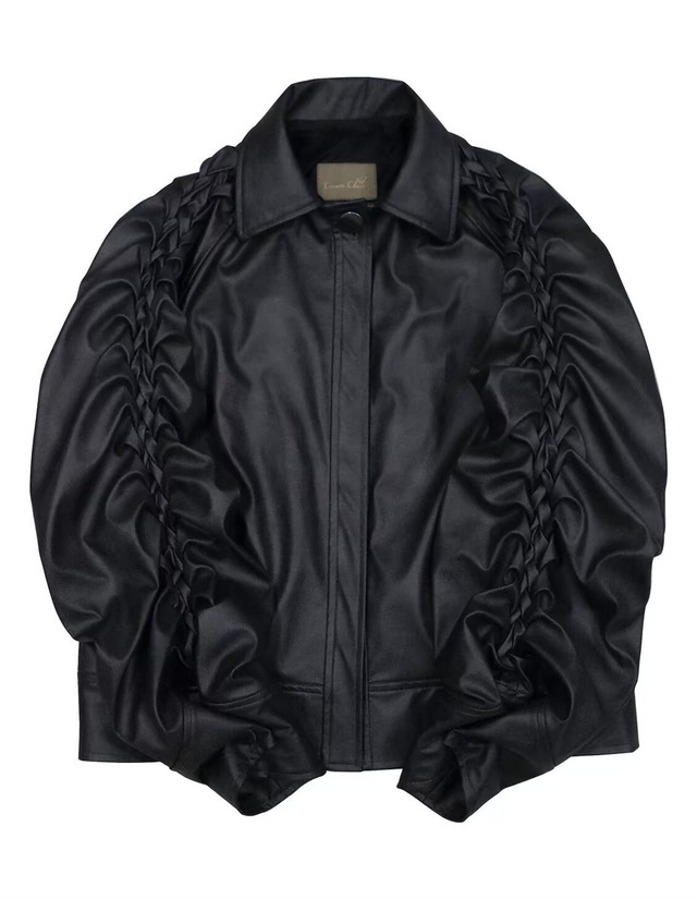 Lady【 Black 】Smocking sleeve eco-leather jacket