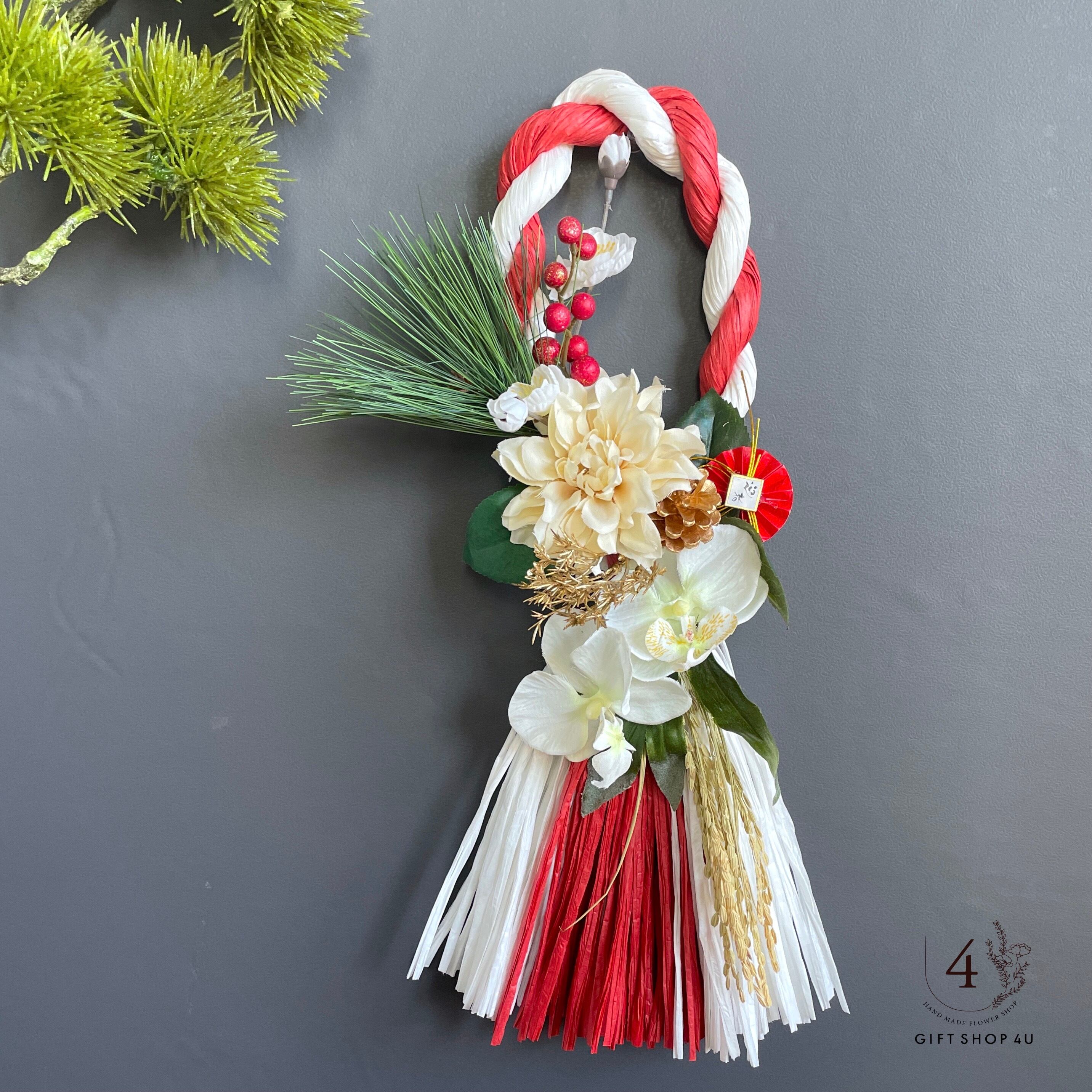 しめ縄★胡蝶蘭⑦　お正月飾り　しめ縄リース　しめ飾り　紅白 2026しめ縄飾り 新作 紅白迎春しめ縄飾り大50cm 胡蝶蘭レッド