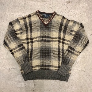 90～00s POLO RALPH LAUREN/Check Knit Sweater/XL/Vネック/チェック柄ニットセーター/ベージュ/グレー/ポロラルフローレン