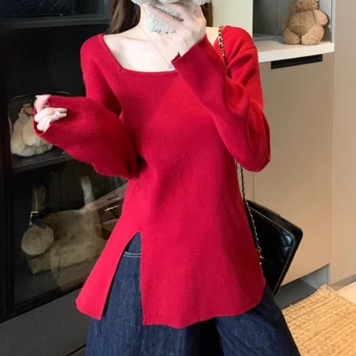 スクエアネックサイドスリットニットトップス ・73977