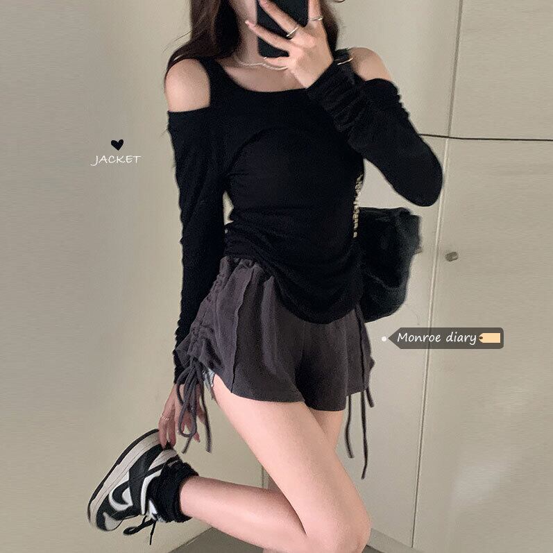 ブラックストラップレスTシャツ シャツ オータム薄手サマー ロング 夏物 秋物 モンロー46076873264