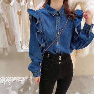 トップス レディース 送料無料 シャツ ブラウス 袖あり 長袖 ボリューム袖 パフスリーブ 襟付き ストレート フリル 前開き デニム ブルーデニム かわいい 大人可愛い きれいめ シンプル カジュアル 上品 おしゃれ 大人女子 こなれ感 クール モード系 エレガント モダン 存在感 大きいサイズ ゆったり 青 無地 春 秋 冬 10代 20代 オフィス ビジネス OL デート お出かけ 休日 イベント 普段使い 韓国系 オルチャン S M L XL