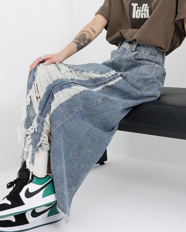 Destroyed Fringe Denim Skirt（2color）［A0325］