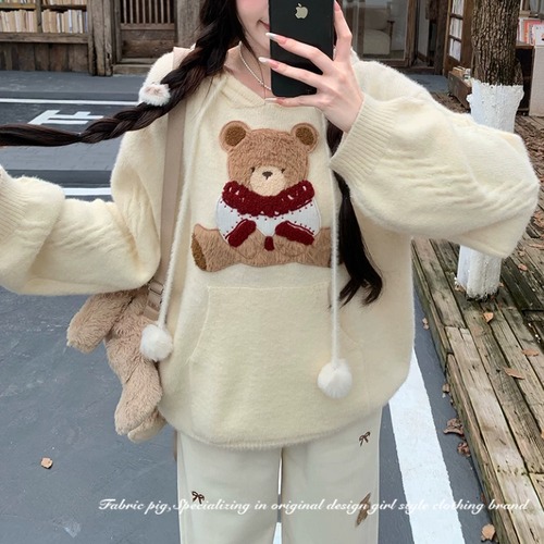 【2点セット】ポンポンリボンベアニットパーカー+刺繍リボンベアパンツ ・79306