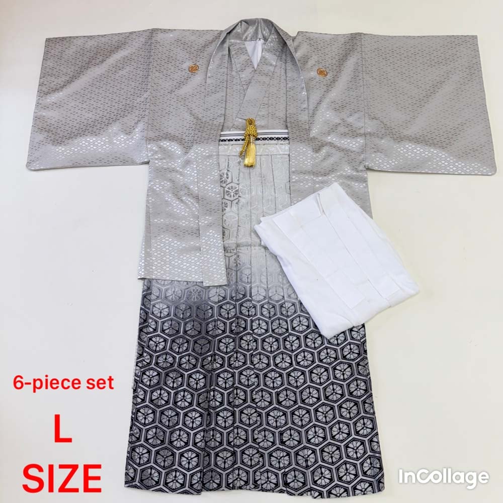 紋付袴 6点セット 着物 羽織 袴 長襦袢 羽織紐 角帯 裄71.8cm 袴丈89cm L グレー 五つ紋 中古 4494