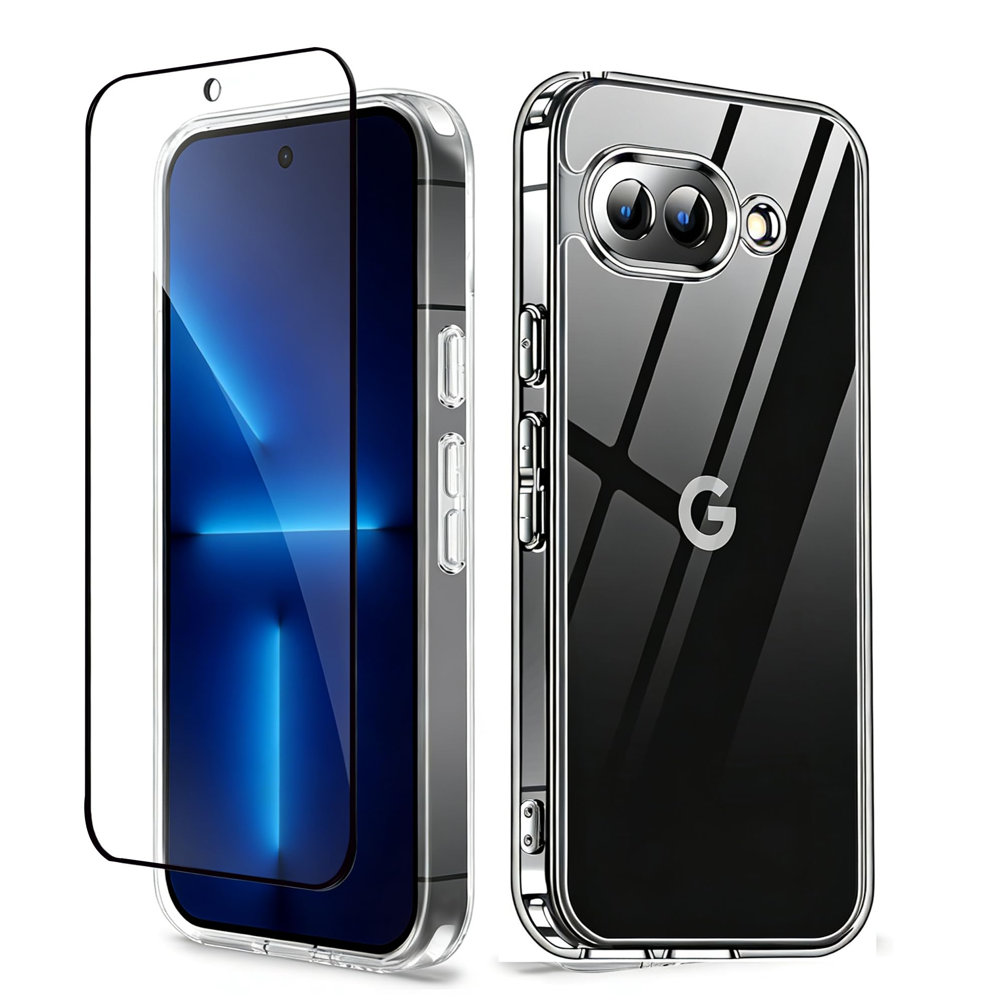 GXXDHB スマホケース For Google Pixel 9a ケース クリア ガラスフィルム付き 黄変防止 耐衝撃 米軍MIL規格 SGS認証 PC+TPU グーグルピクセル9a 対応 ケース 傷つけ防止 超薄型 軽量 透明 スマホケース スマホカバー googleピクセル9a用 (Google Pixel 9a +クリア)