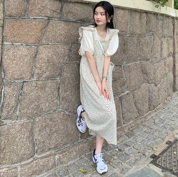 春新作セットアップ 春 レディース セットアップ ワンピース 2点セット レイヤードワンピース 重ね着 ジャンパースカート ロング ジャンスカワンピース ノースリーブ ロング Aライン フレア 花柄 小花柄 フリル パフスリーブ トップス 半袖 体型カバー 着痩せ 細見え