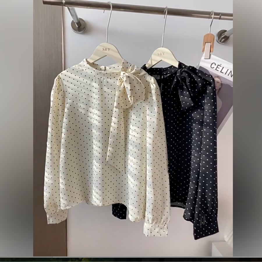 Bow Tie Long Sleeve Polka Dot Blouse TO0966