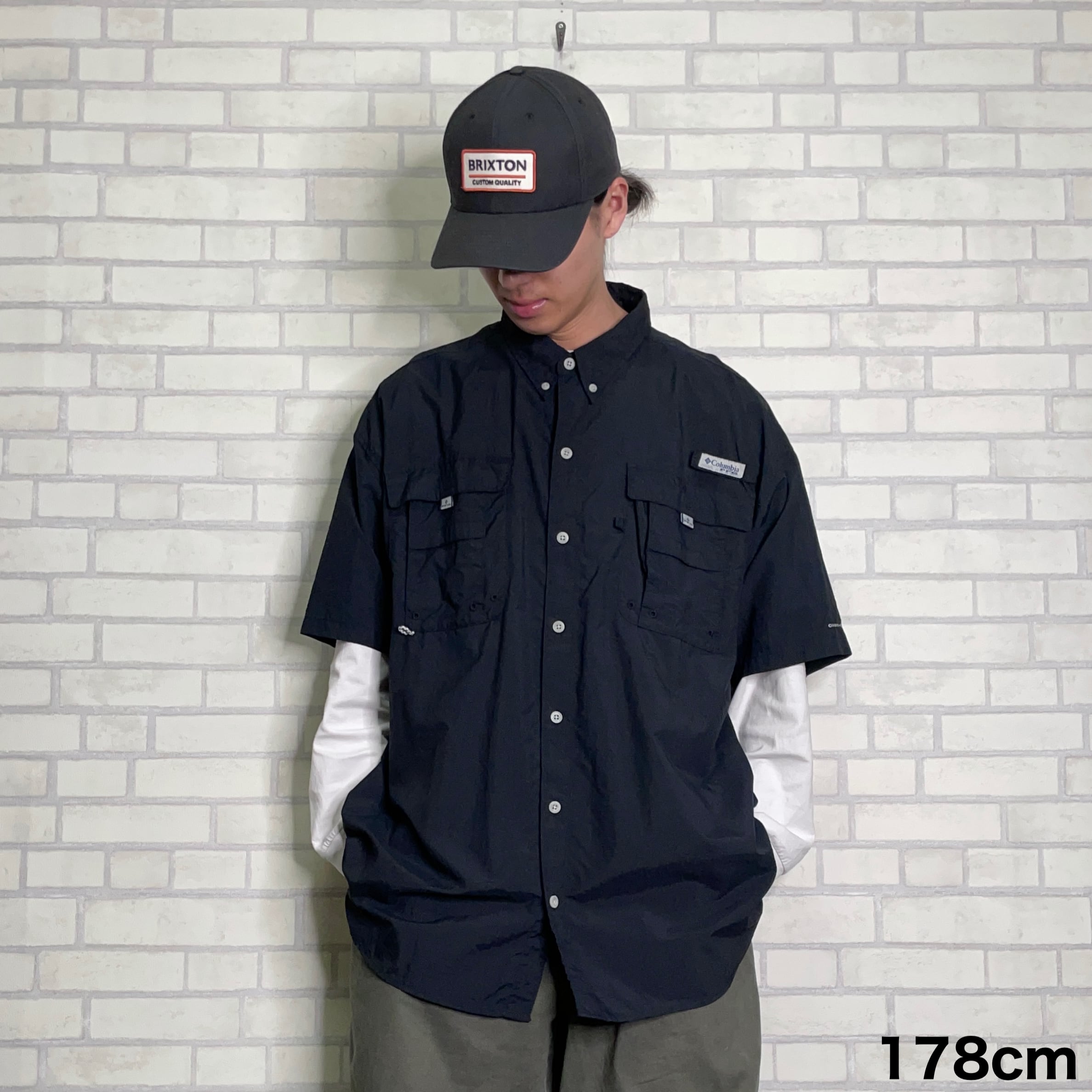 古着フィッシング　シャツ Columbia 【PFG】 フィッシングシャツ 2XL 刺繍 ブラック 半袖シャツ