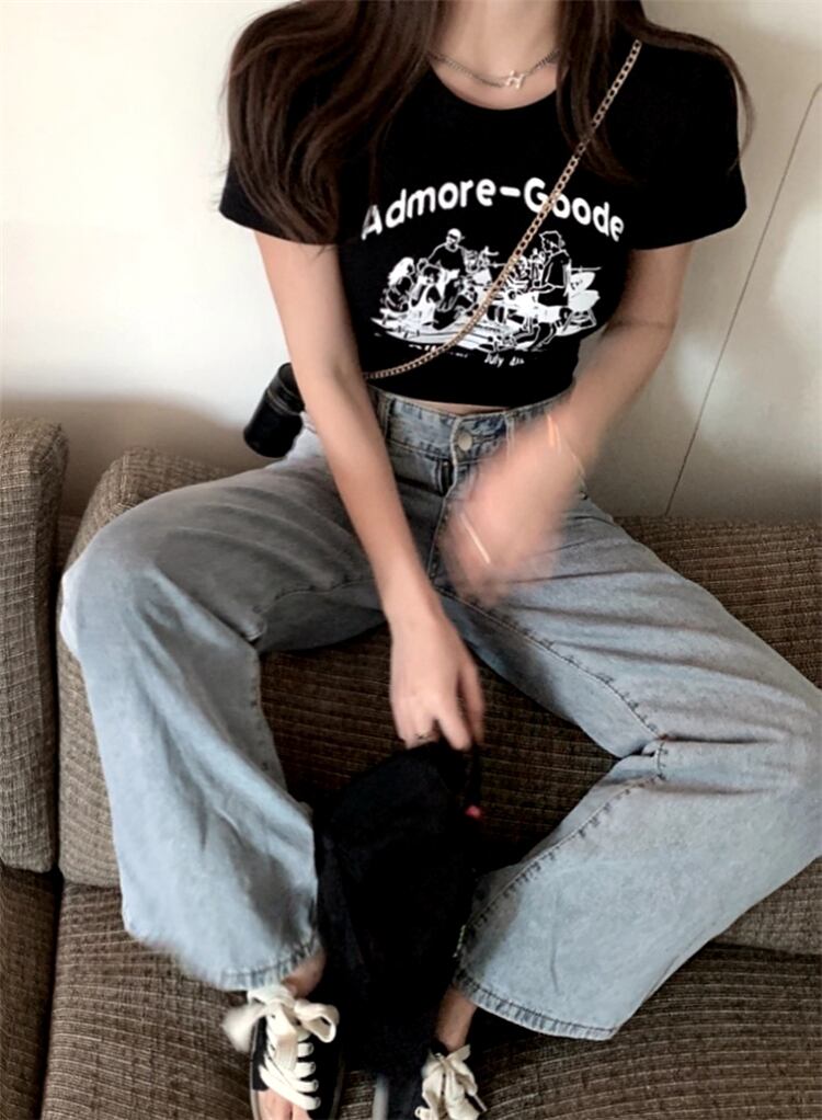 サマースタイルプリントショートクロップドハイウェストトップス Tシャツ レディース レッド 夏物 ドラファッションホール78581135166