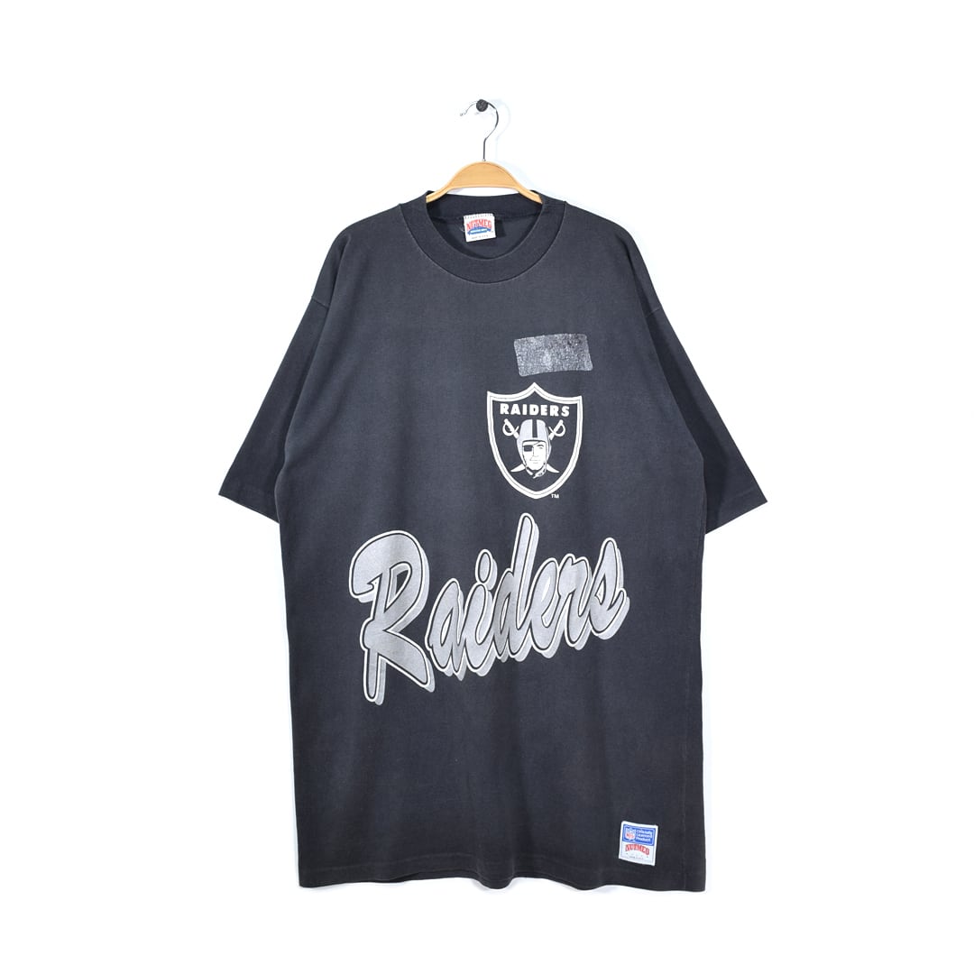 90s アメフト レイダース USA製 ヴィンテージ Ｔシャツ 長丈 NFL オフィシャル 黒 袖裾シングル RAIDERS 大きめサイズ XL相当 古着 @BZ0160