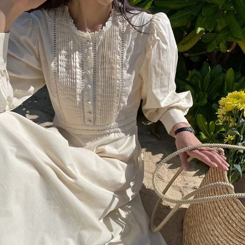 ドレス スプリングオータムレースラウンドネックハイウェストプリーツベージュミディスカート ロング 春物 秋物 Oネック ビッグFスモールZ韓国31144659608