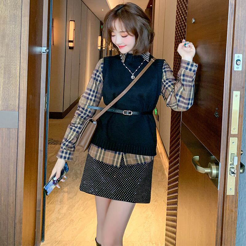 スタンダードカラー格子柄シャツ ウェストベルト ニットトップス レトロ ハーネス MIUCO21634945892