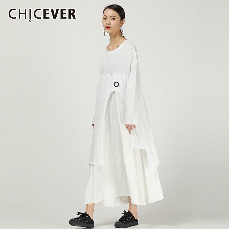 CHICEVERパッチワークホローアウトレディースドレスOネック長袖オーバーサイズルーズイレギュラーミディド​​レス2020 ロング 6base598845287908