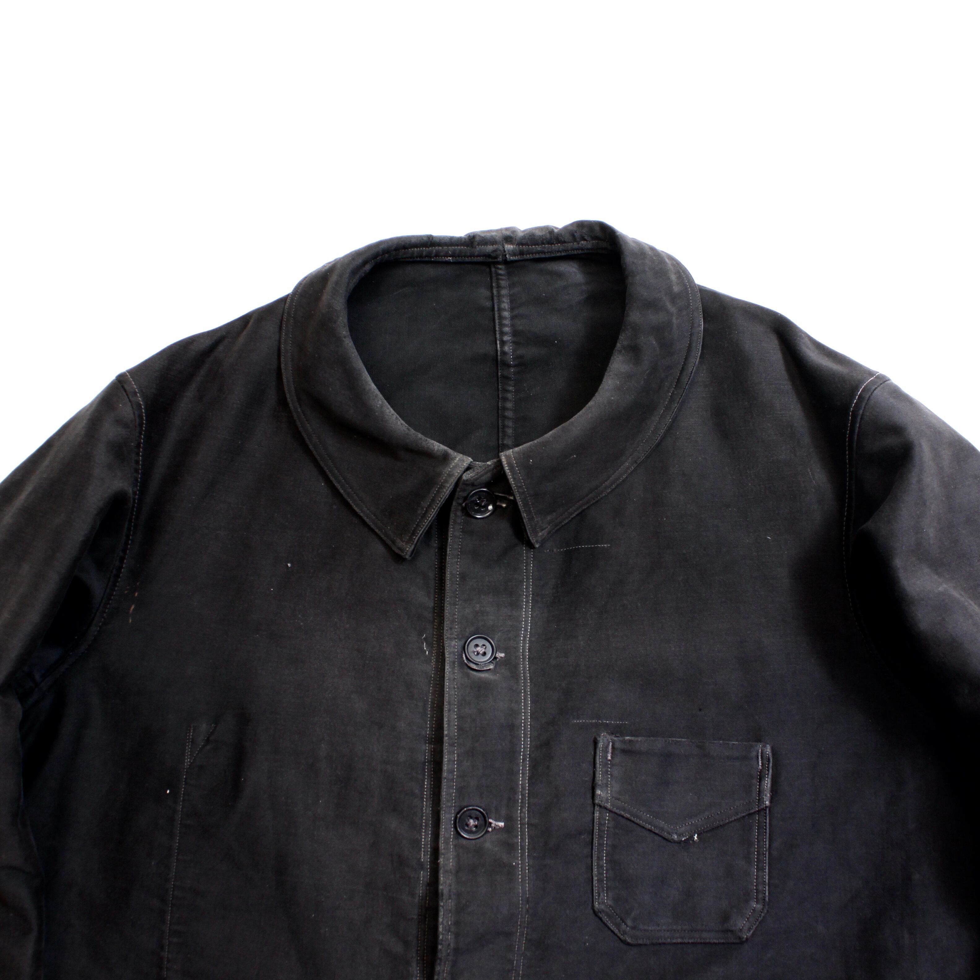 0633. 1940's Le Mont St Michel Black moleskin work jacket 50 40s