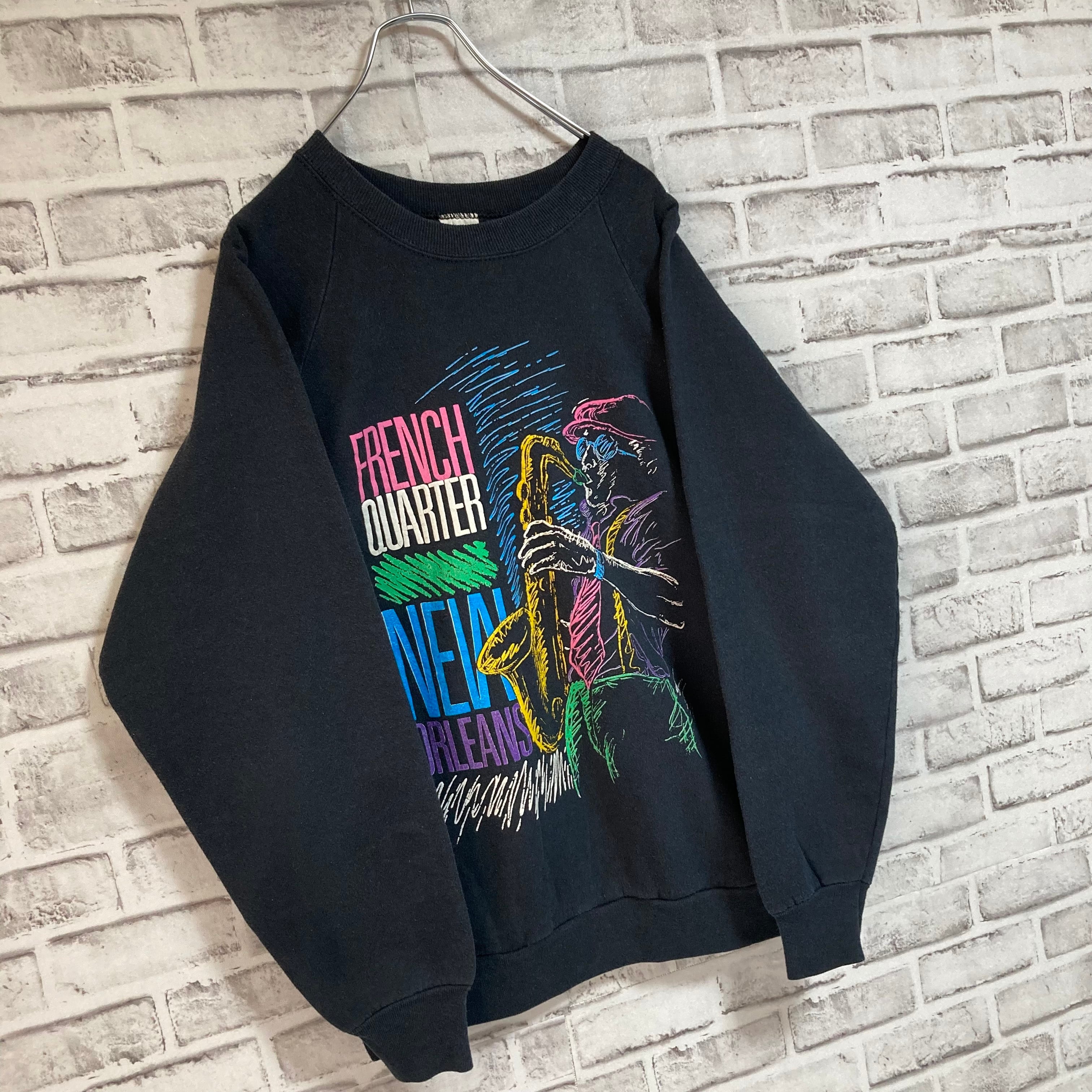 【FRUIT OF THE LOOM】L/S Sweat L 90s Made in USA アート系 企業モノ スウェット トレーナー USA製  アートプリント サックス 楽器 演奏者 アメリカ USA 古着