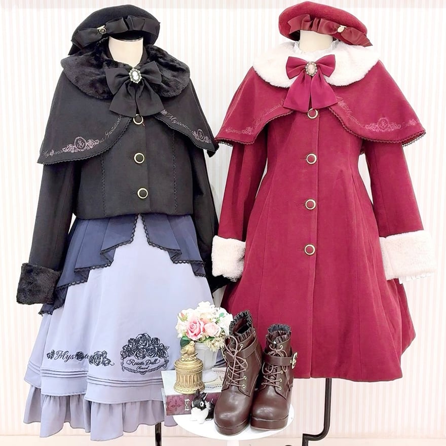 ロリィタ クラロリ ケープ付 ロングコート 刺繍 ファー 襟 刺繍