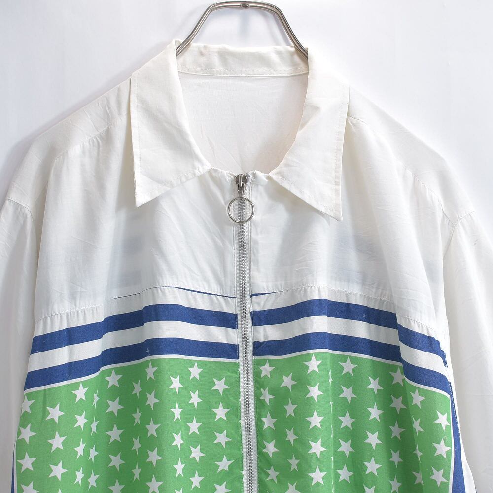 Star & Stripe パネルパターン フルジップ 半袖シャツ ジャケット アウター 羽織 ヴィンテージ ジップアップ 国旗柄風 ホワイト ビンテージ 古着 メンズL相当