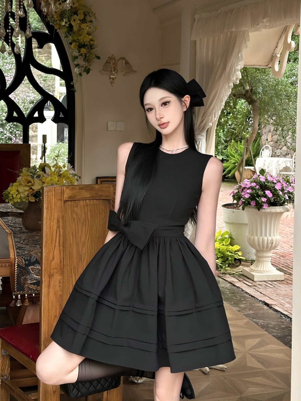 サイドビッグリボンアタッチメントノースリーブワンピース | 韓国/ワン